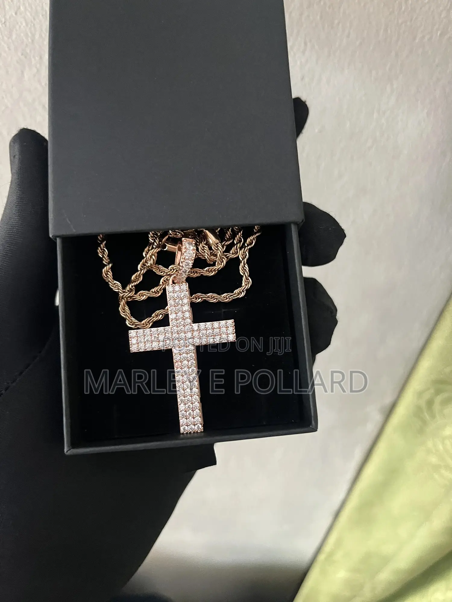 Carbon Diamond Rose Gold Pendant 14kt Plated Rope Chain Necklace