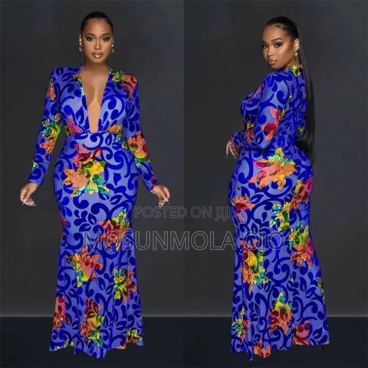 New Sexy Deep v Neck High Stretch Print Bodycon Long Sleeve Prom Dress