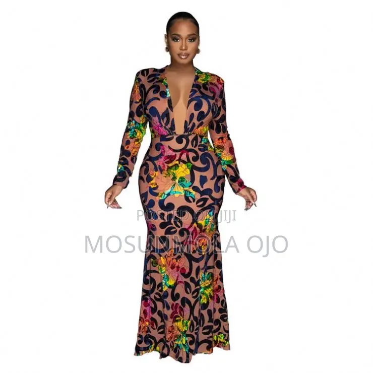 New Sexy Deep v Neck High Stretch Print Bodycon Long Sleeve Prom Dress