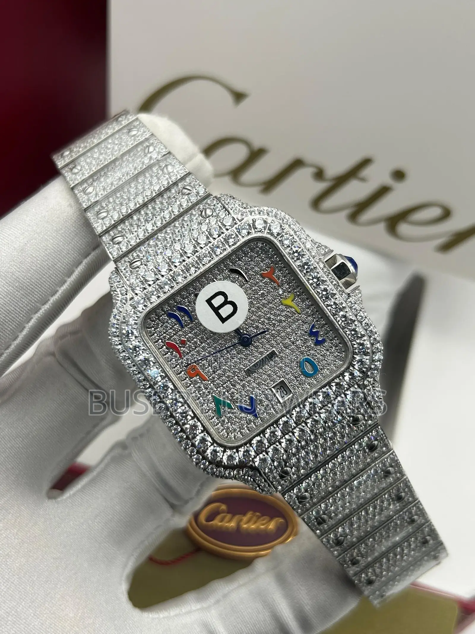 Iced Out Cartier Arabic Dial Wrist Watch