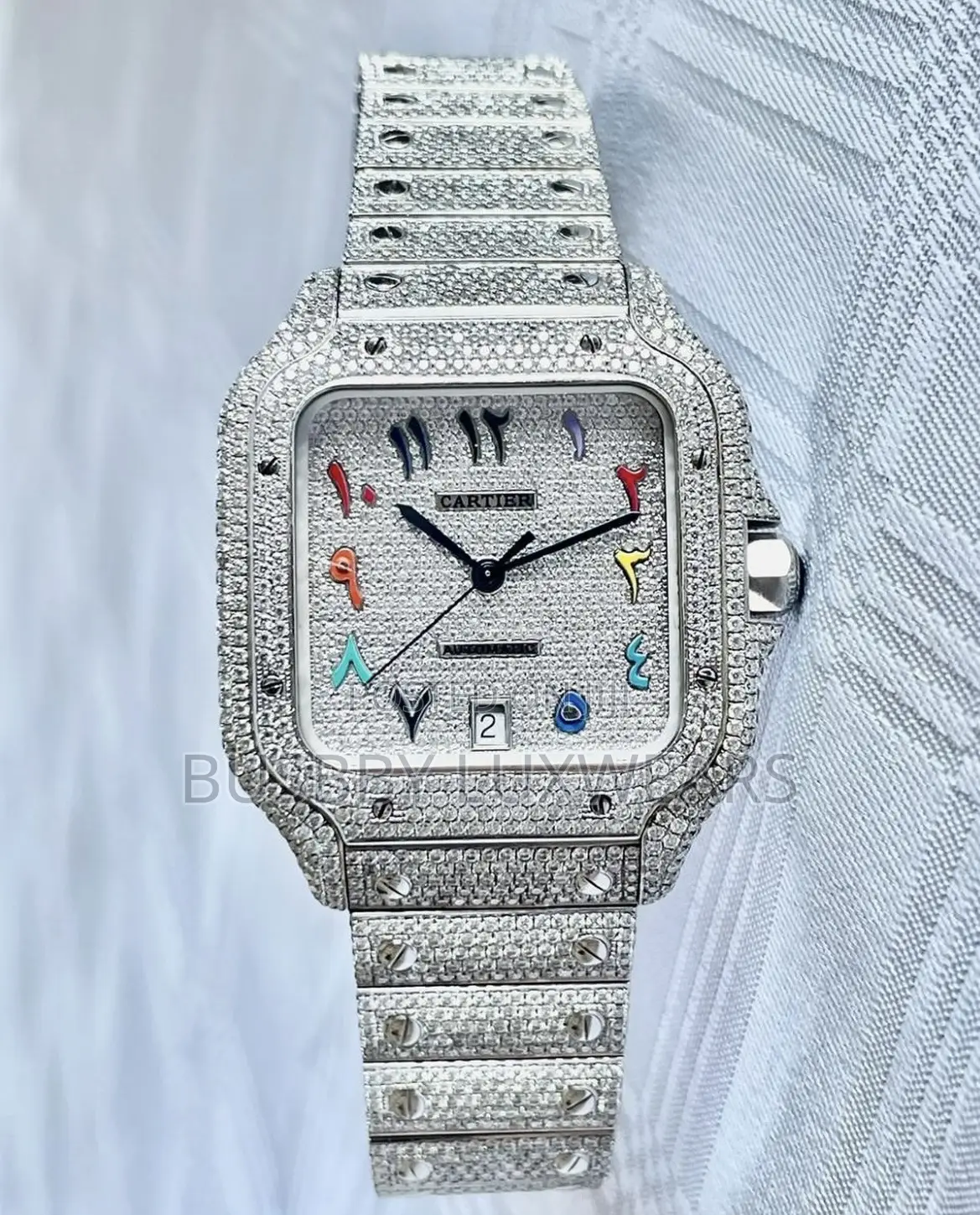Iced Out Cartier Arabic Dial Wrist Watch