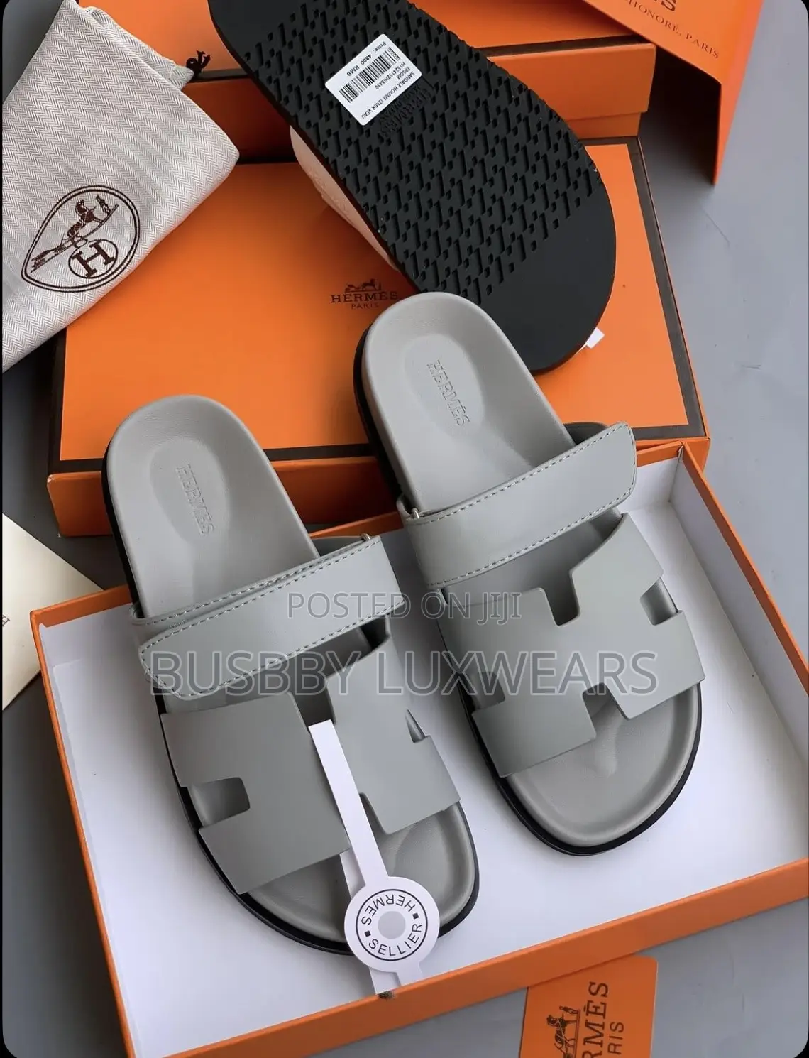 Hermes Grey Leather Slippers for Men
