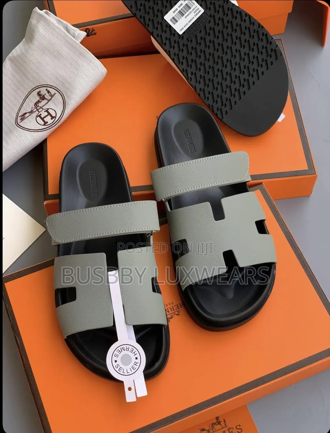 Hermes Grey Leather Slippers for Men