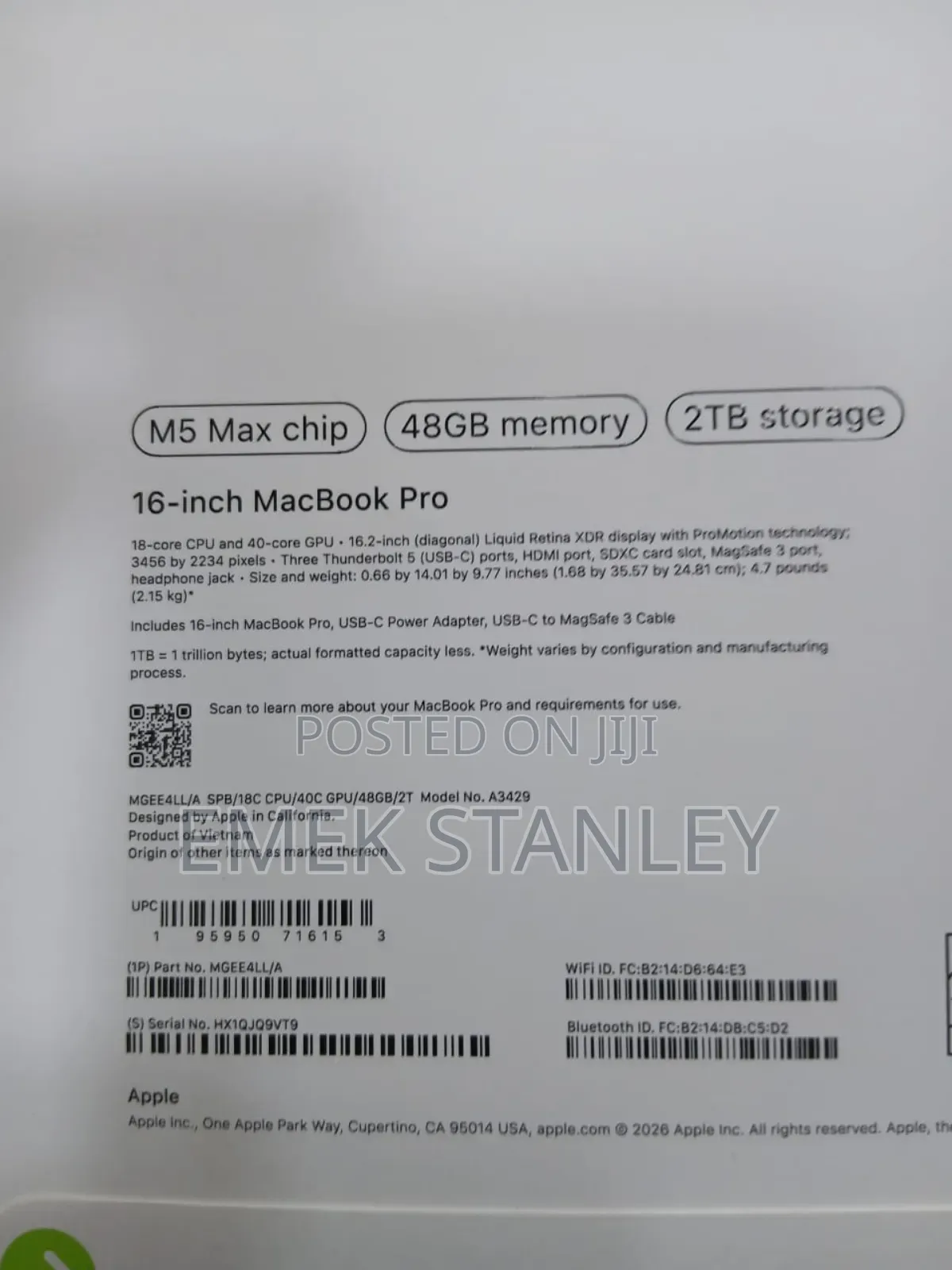 New Apple MacBook Pro 2026 M5 Max 16-inch 48GB Apple M5 Max SSD 2T