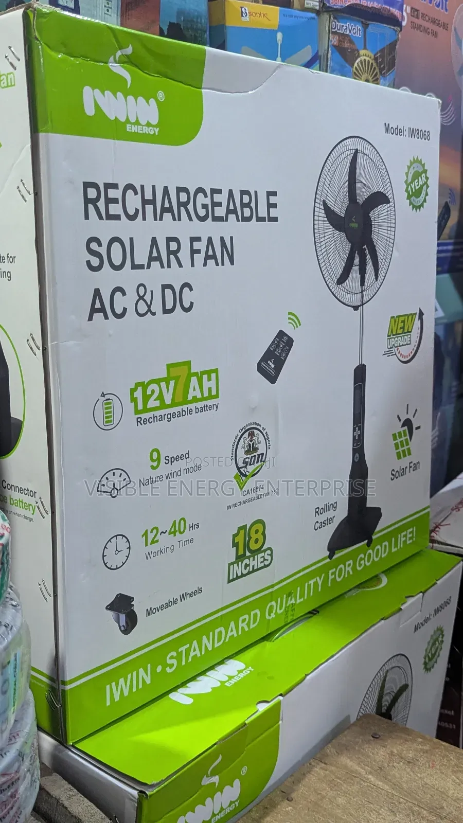 Iwin 18-Inch Rechargeable Solar Stand Fan (Model Iw8068)