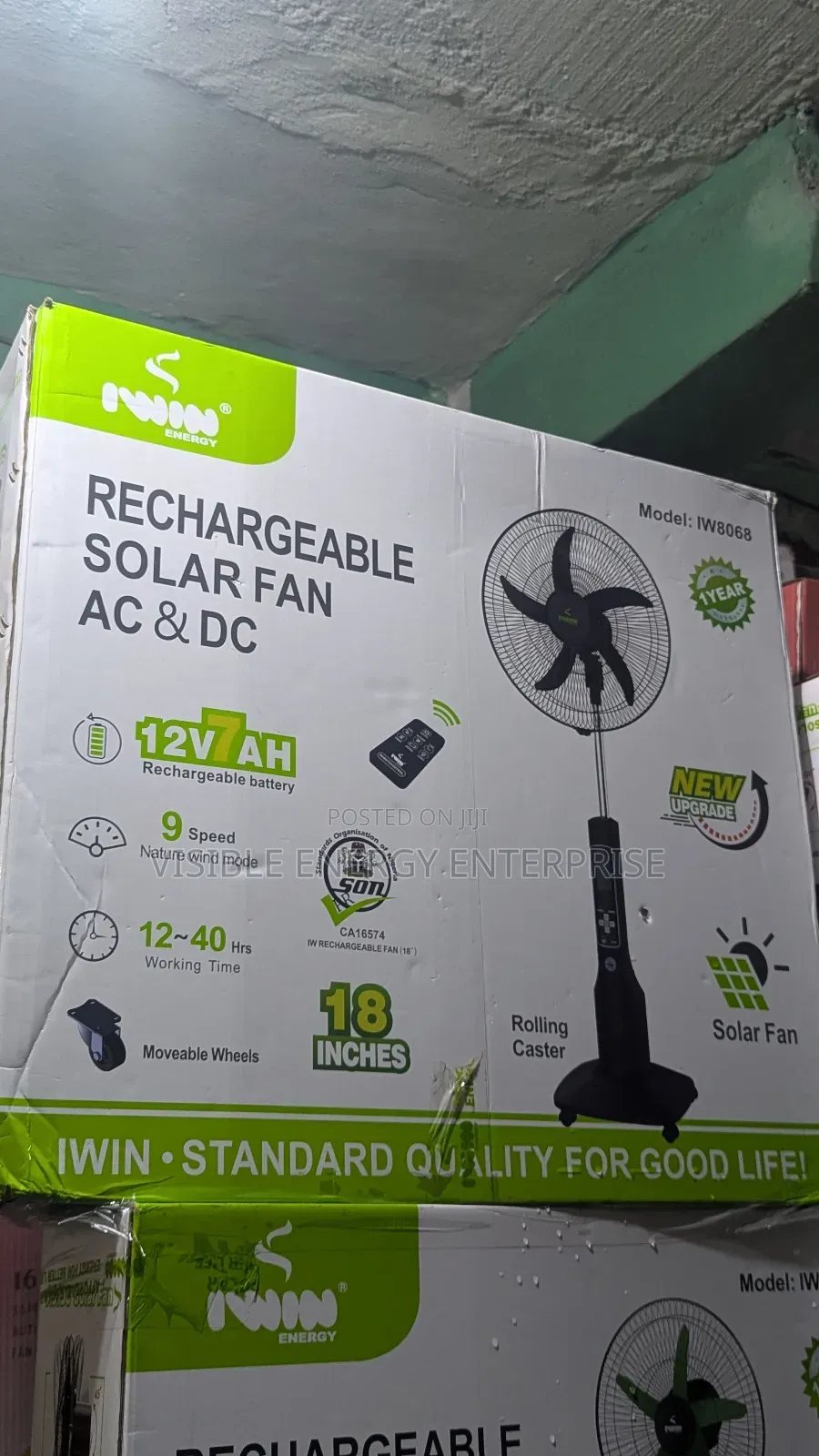 Iwin 18-Inch Rechargeable Solar Stand Fan (Model Iw8068)