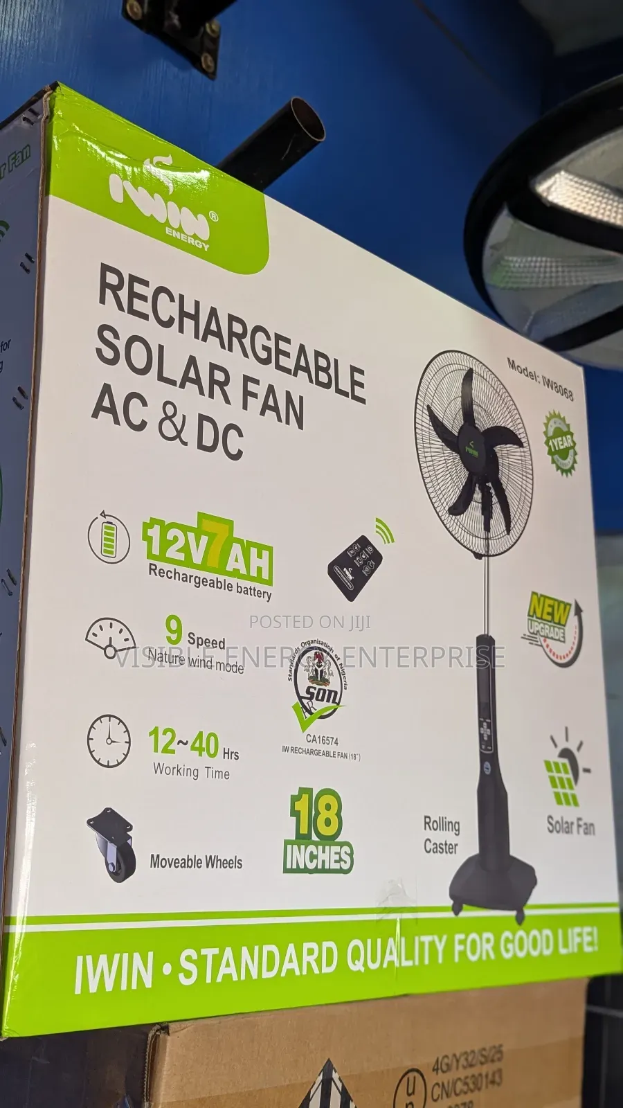 Iwin 18-Inch Rechargeable Solar Stand Fan (Model Iw8068)