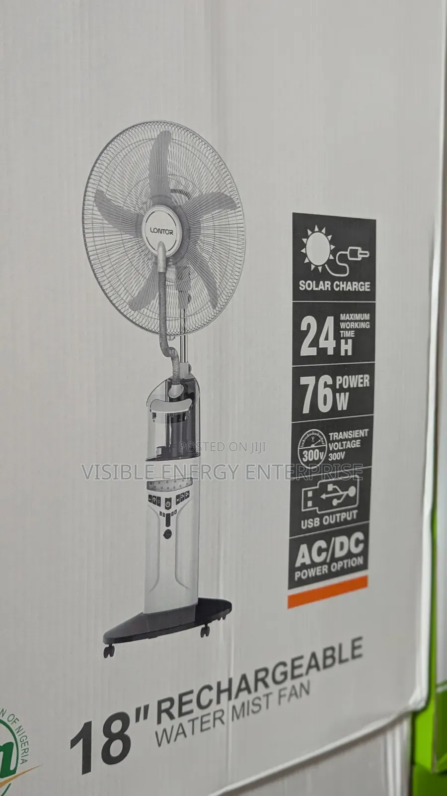 Lontor 18" Rechargeable Water Mist Fan, Model CTL-Cf046r-18.