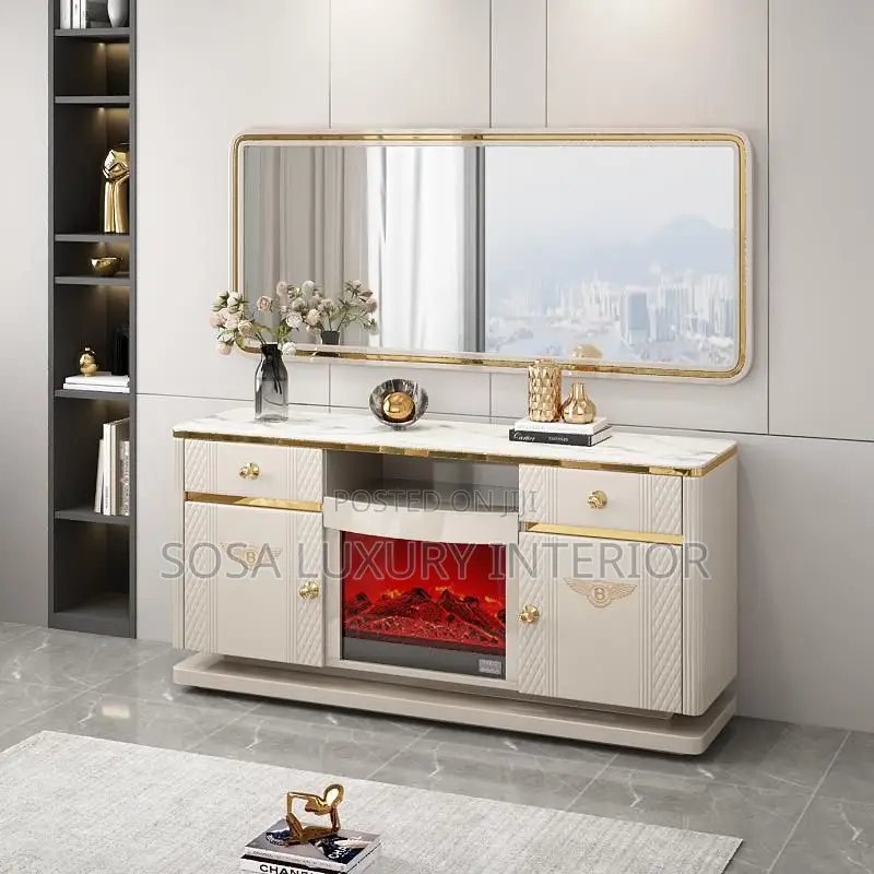 Brand New Luxury White Lv Tv Console With Electric Fireplace
