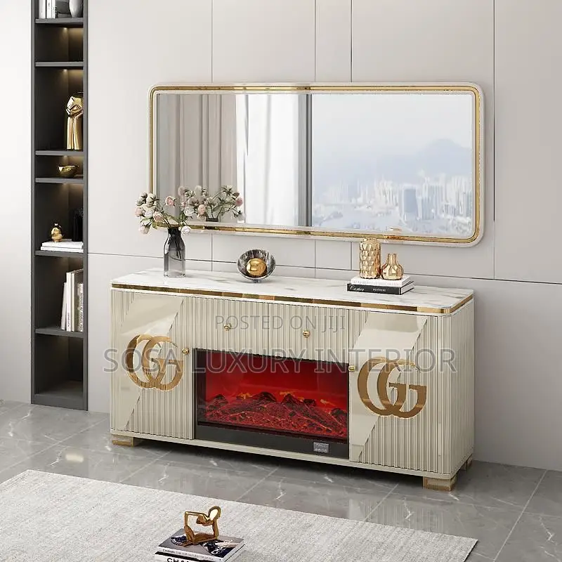 Brand New Luxury Beige Gg Tv Console With Electric Fireplace