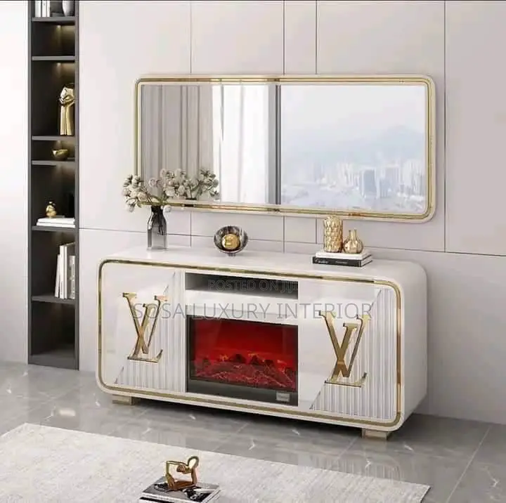 Brand New Luxury Beige Bentley Tv Console With Electric Fireplace