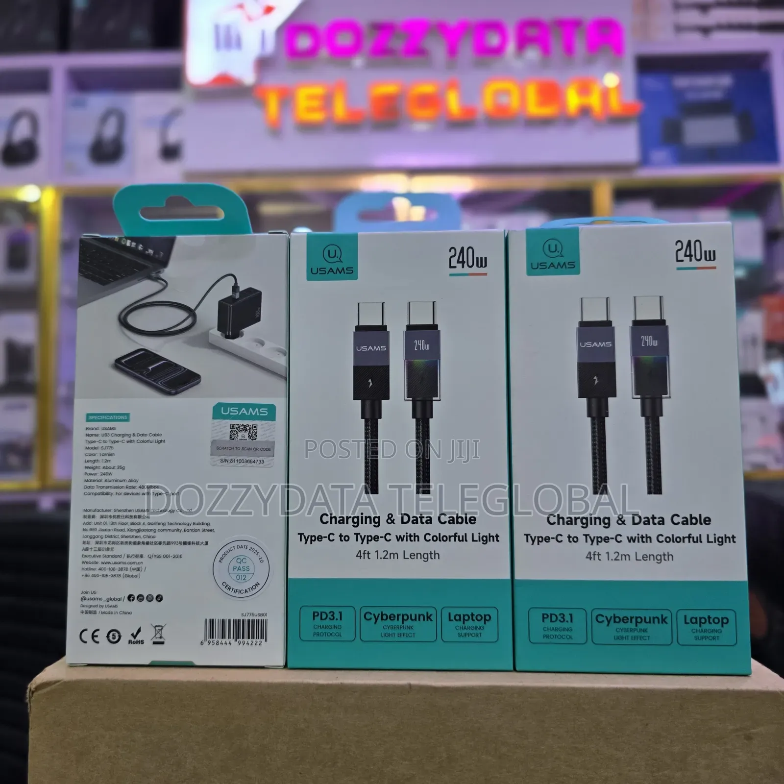 Usams 240w Type-C to Type-C Cable With Colourful Light (Model Sj777)