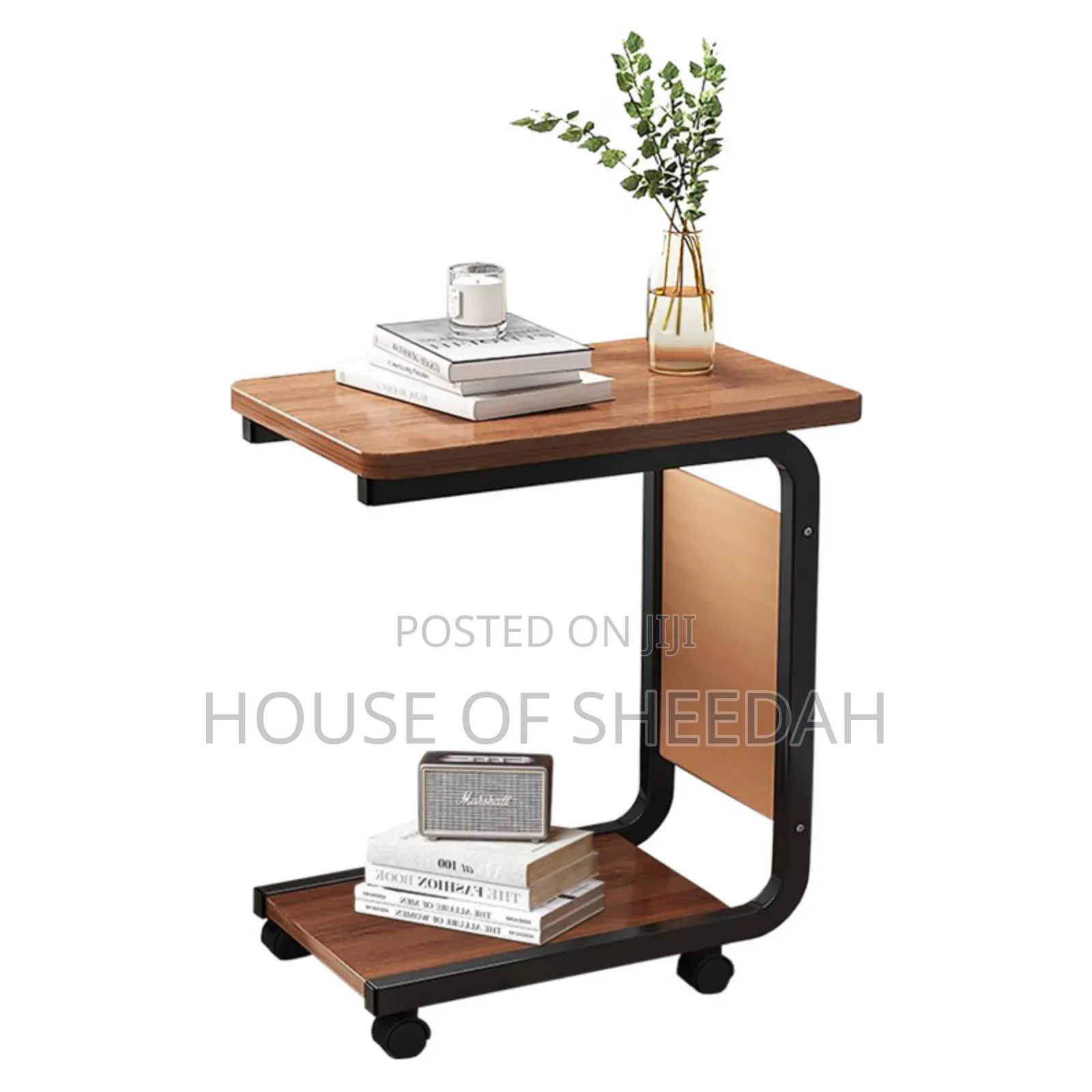 C-Shaped Side Table With Wheels and a Storage Compartment