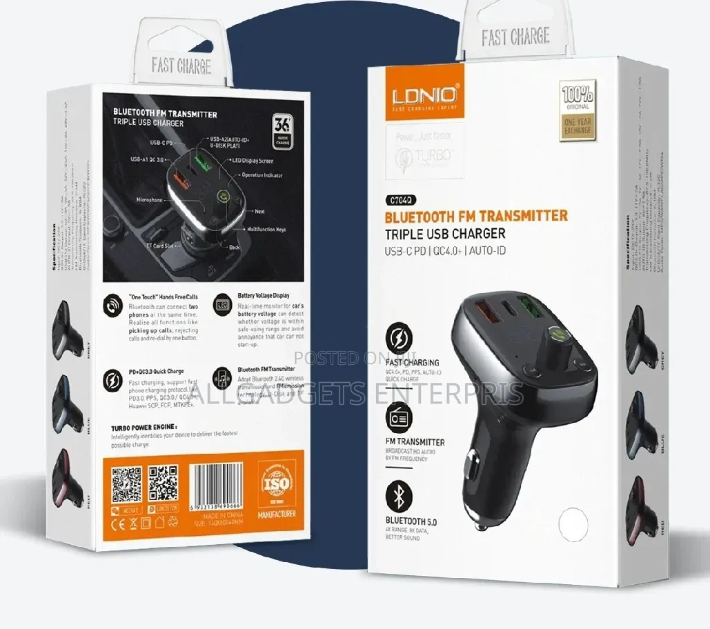 Ldnio C704Q Fm Transmitter Car Charger 3 USB Pd Qc+ Portable