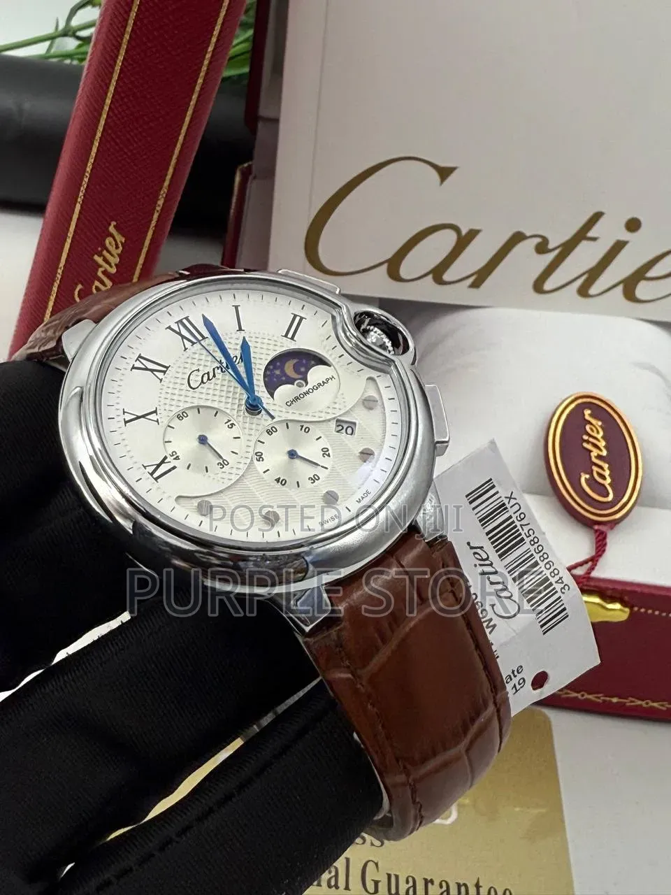 Cartier Active Chronograph Moon Day Night Indicator Leather Watch