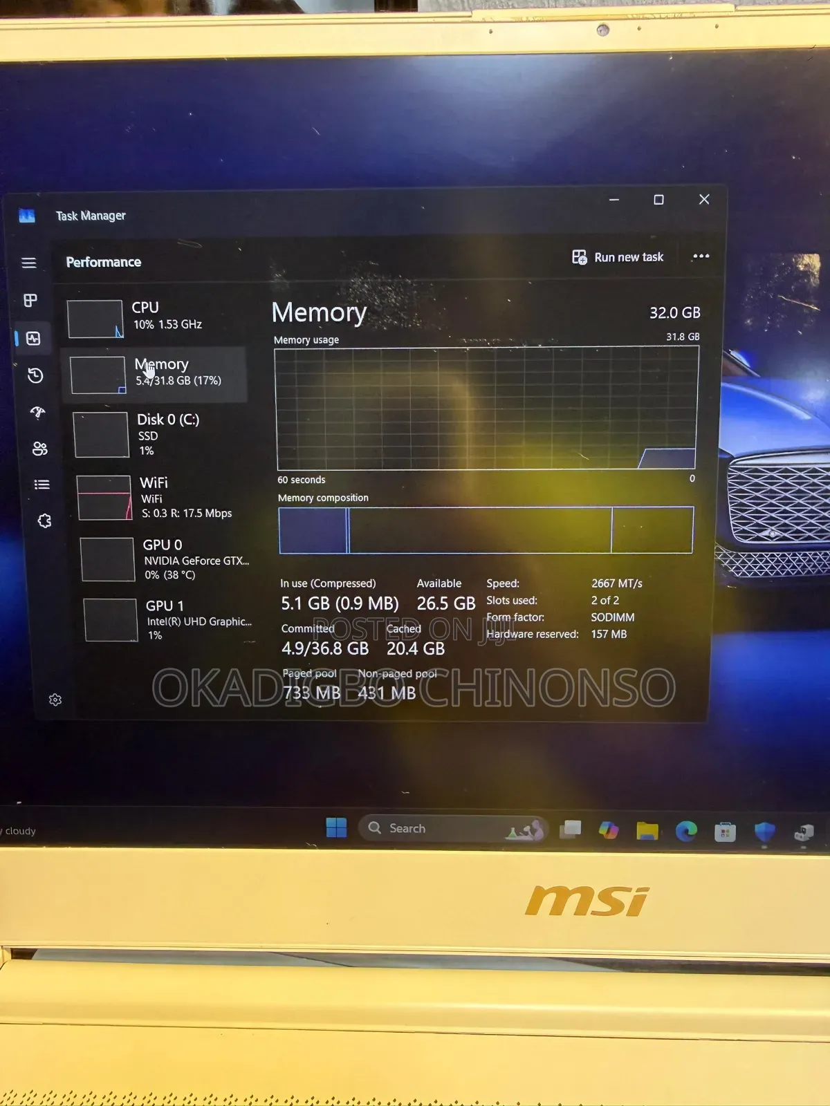 Laptop MSI P65 Creator 32GB Intel Core i7 SSD 512GB