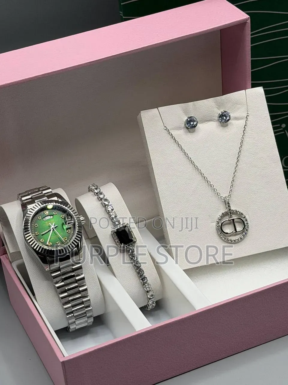 Rolex Ladies Siiver Watch, Bracelet, Necklace and Earrings-Set 