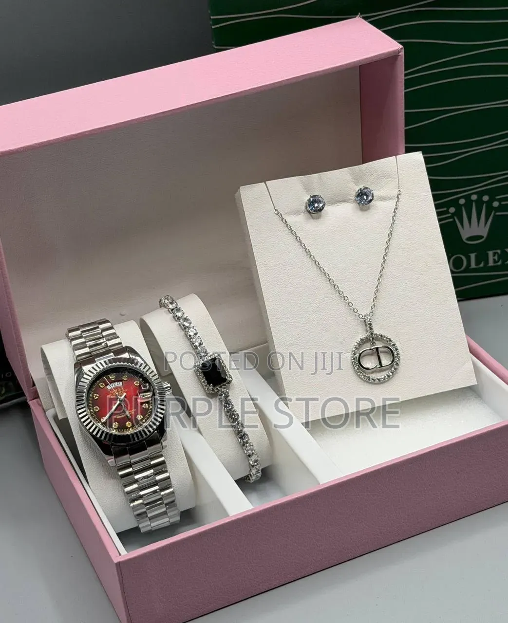 Rolex Ladies Siiver Watch, Bracelet, Necklace and Earrings-Set 