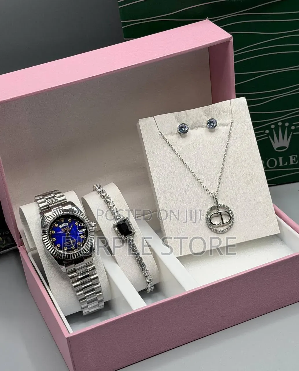 Rolex Ladies Siiver Watch, Bracelet, Necklace and Earrings-Set 