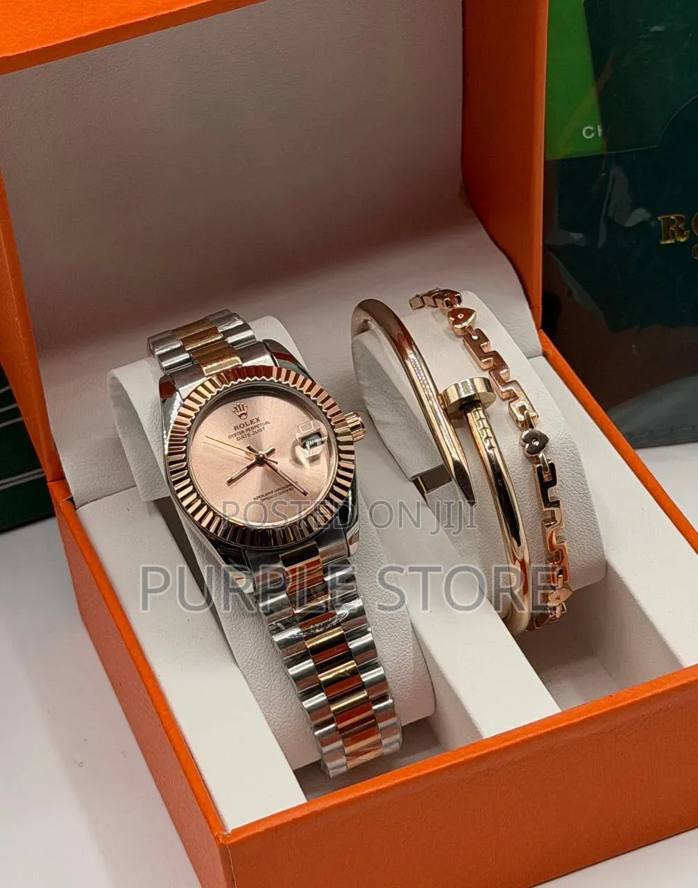 Rolex Women Watch and 2 Bracelets Set In_rosegold 
