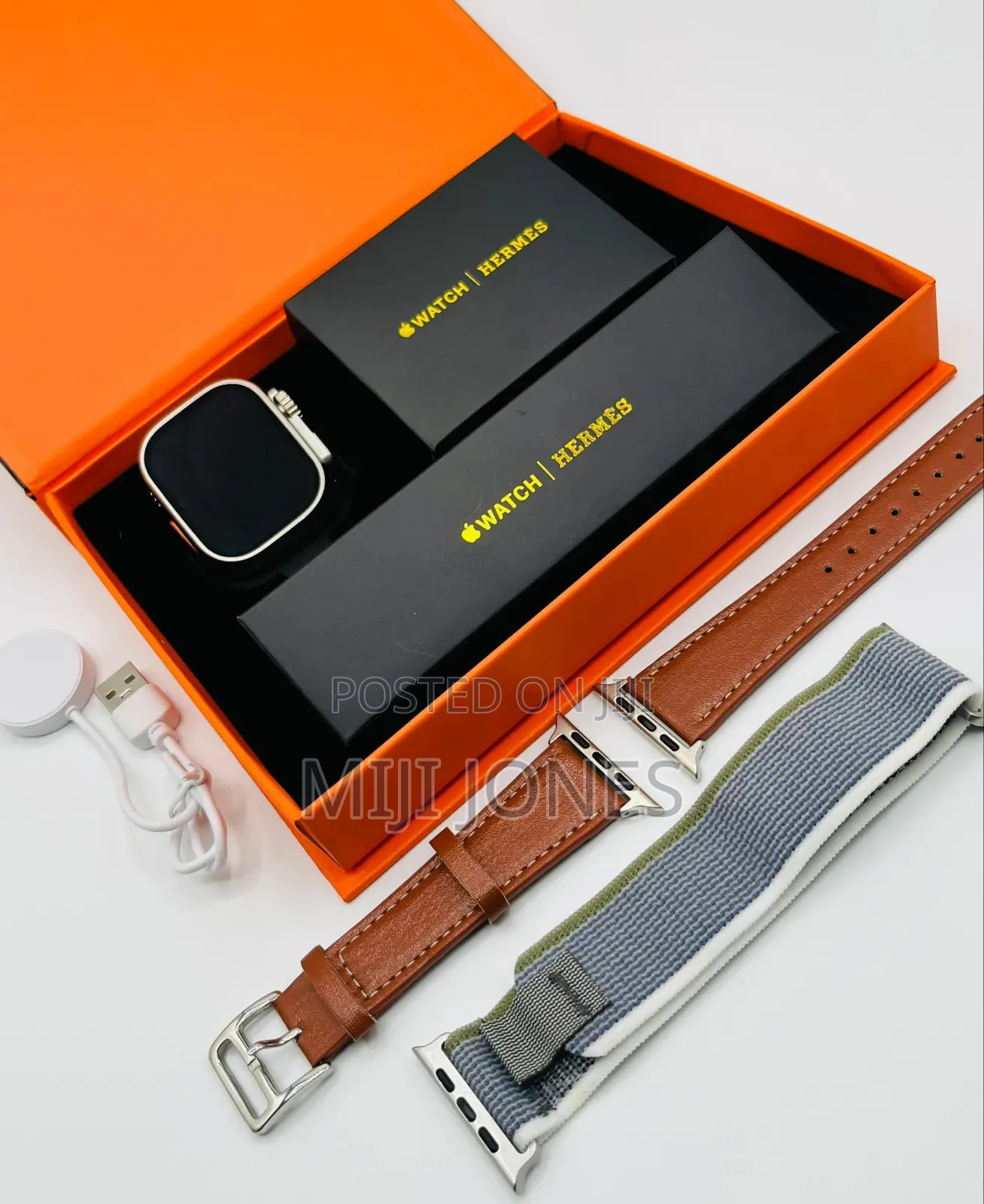 Hermes Style Smartwatch | Leather + Rubber Straps | Magnetic Charger