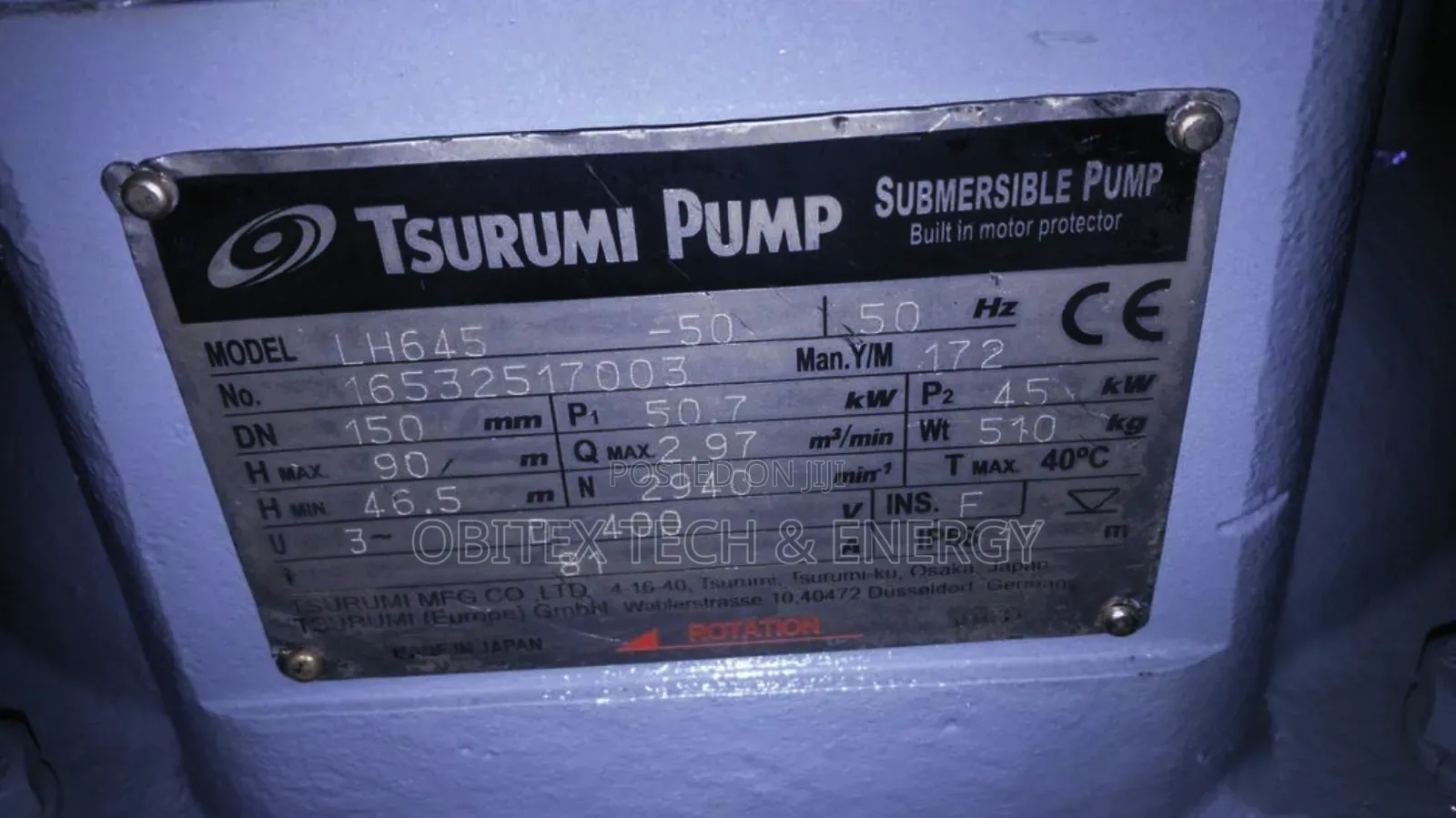 Tsurumi 45kw Industrial Submersible Pump (Lh645-50) – 6 Inch Discharge