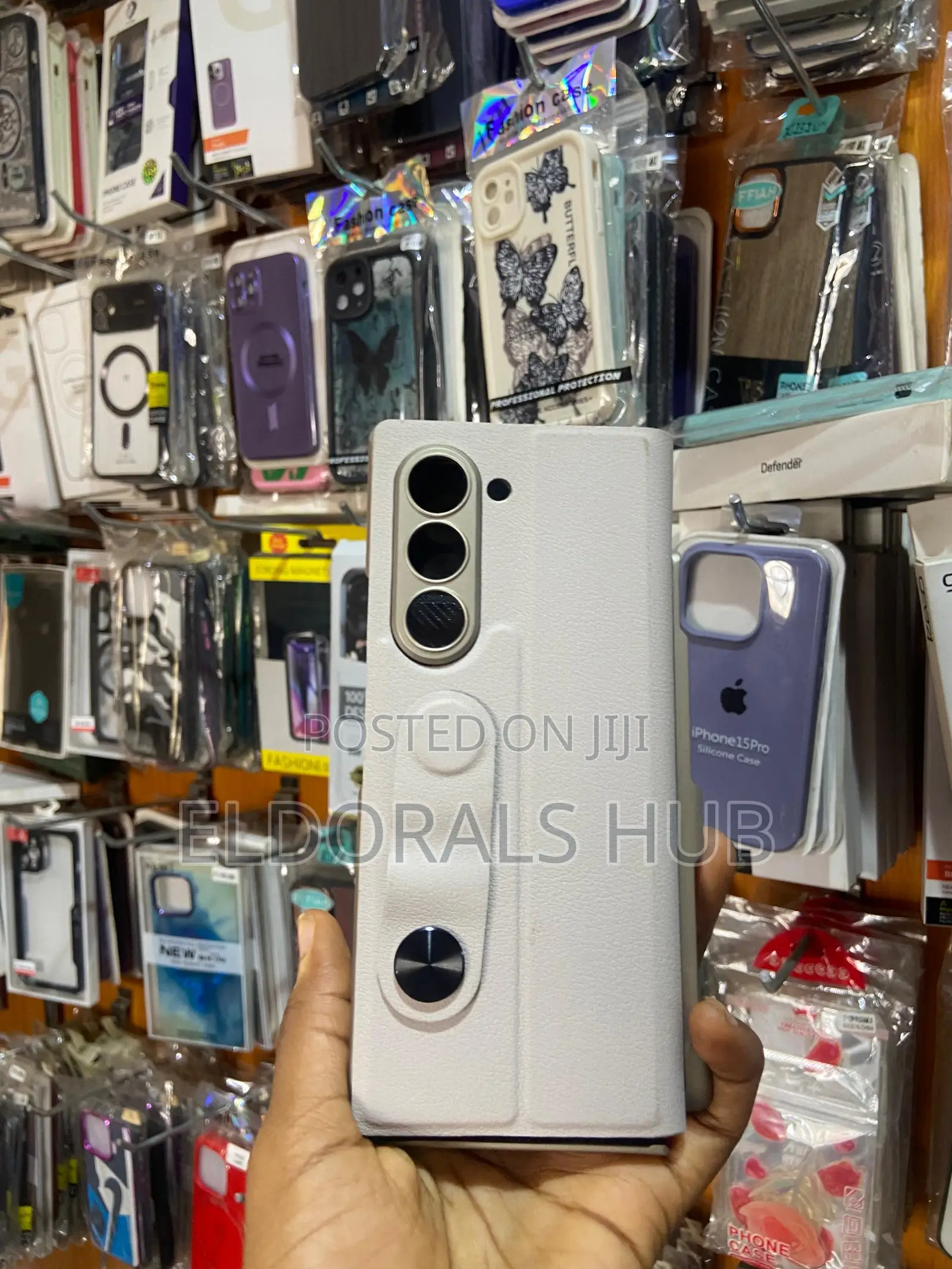 White Leather Z Fold Case With Hand Strap Kickstand Metal Button