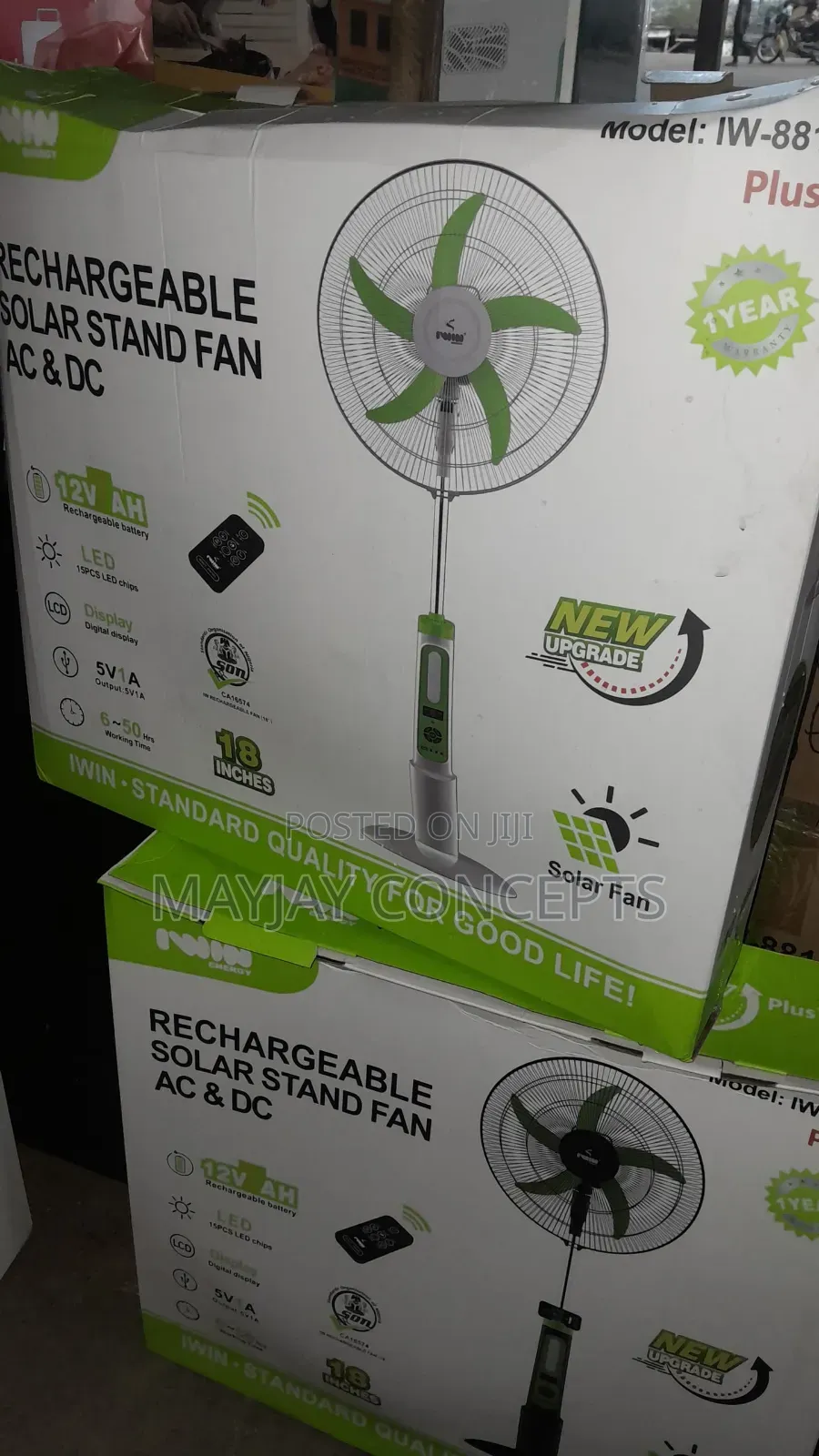 18" Iwin Rechargeable Ac/Dc Solar Standing Fan-Solar Panel and 2-Bulb