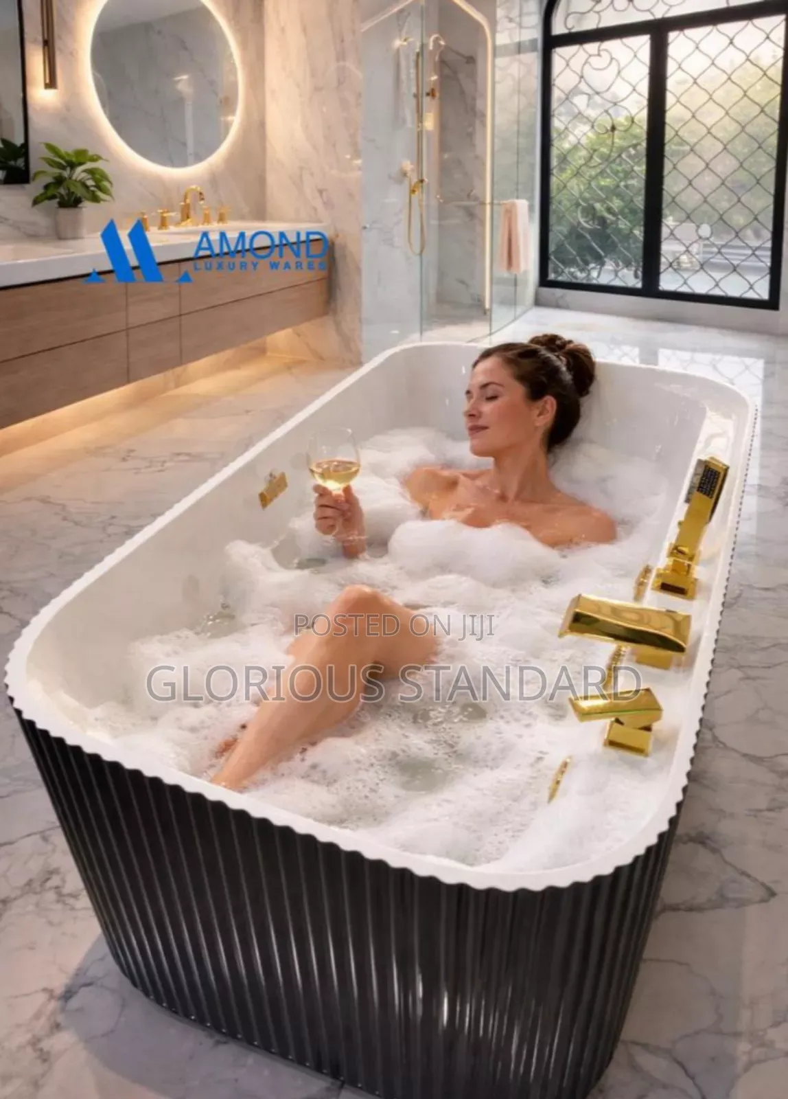 Free Standing Bath Black and White With Line Square Shape With Mixer