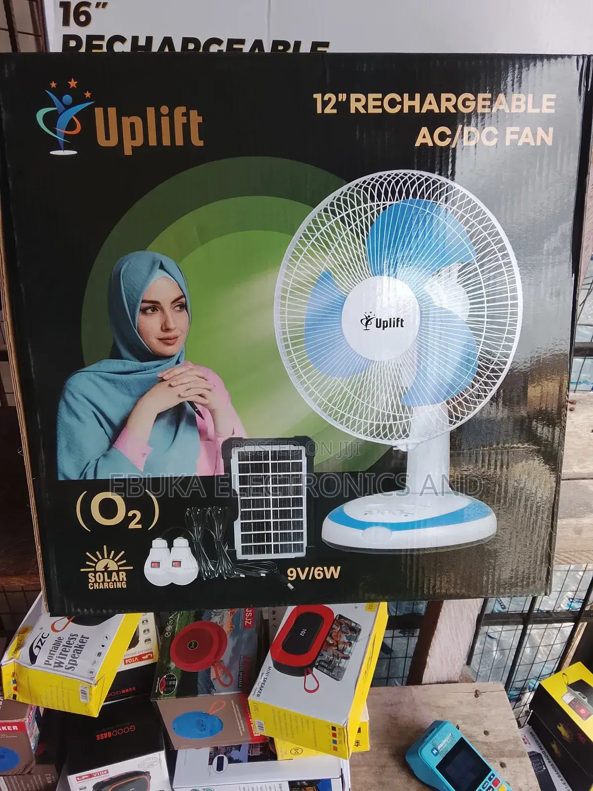 12 Inches Rechargeable Fan Ac and Dc Fan With Solar Panels and 2 Bulbs