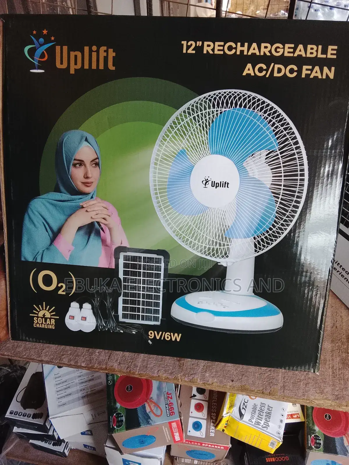 12 Inches Rechargeable Fan Ac and Dc Fan With Solar Panels and 2 Bulbs