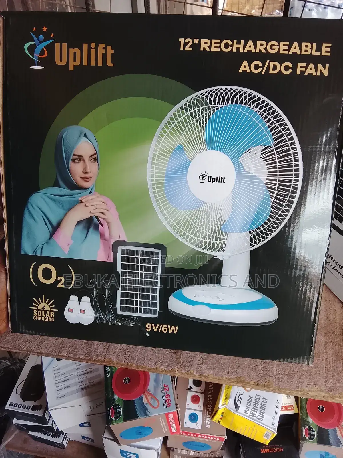 12 Inches Rechargeable Fan Ac and Dc Fan With Solar Panels and 2 Bulbs