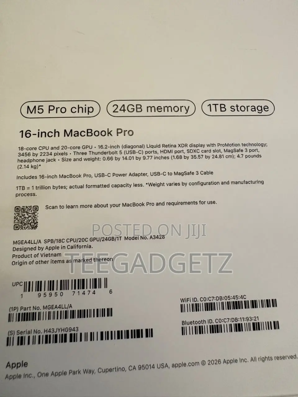 New Apple MacBook Pro 2026 M5 Pro 16-inch 24GB Apple M5 Pro SSD 1T