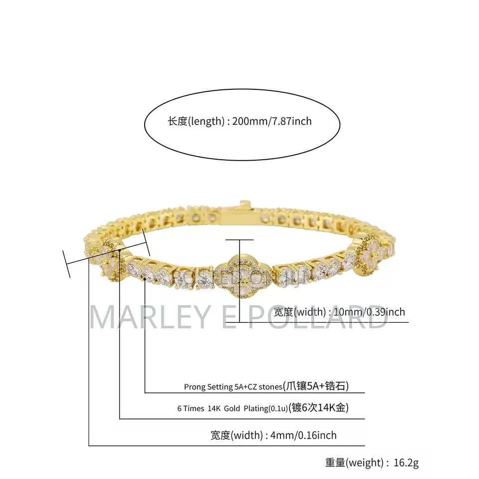 4mm Four Leaf Clover Quality Cz Iced Vca 18karat Gold Tennis Bracelet