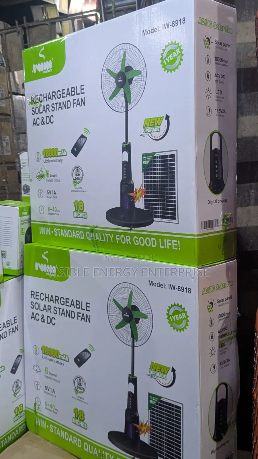 Iwin 18-Inch Rechargeable Solar Stand Fan (Model Iw-8918).