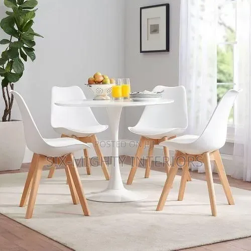Luxury Dinning Round Table(Pole Base) +4 Foam Sitting Chairs White