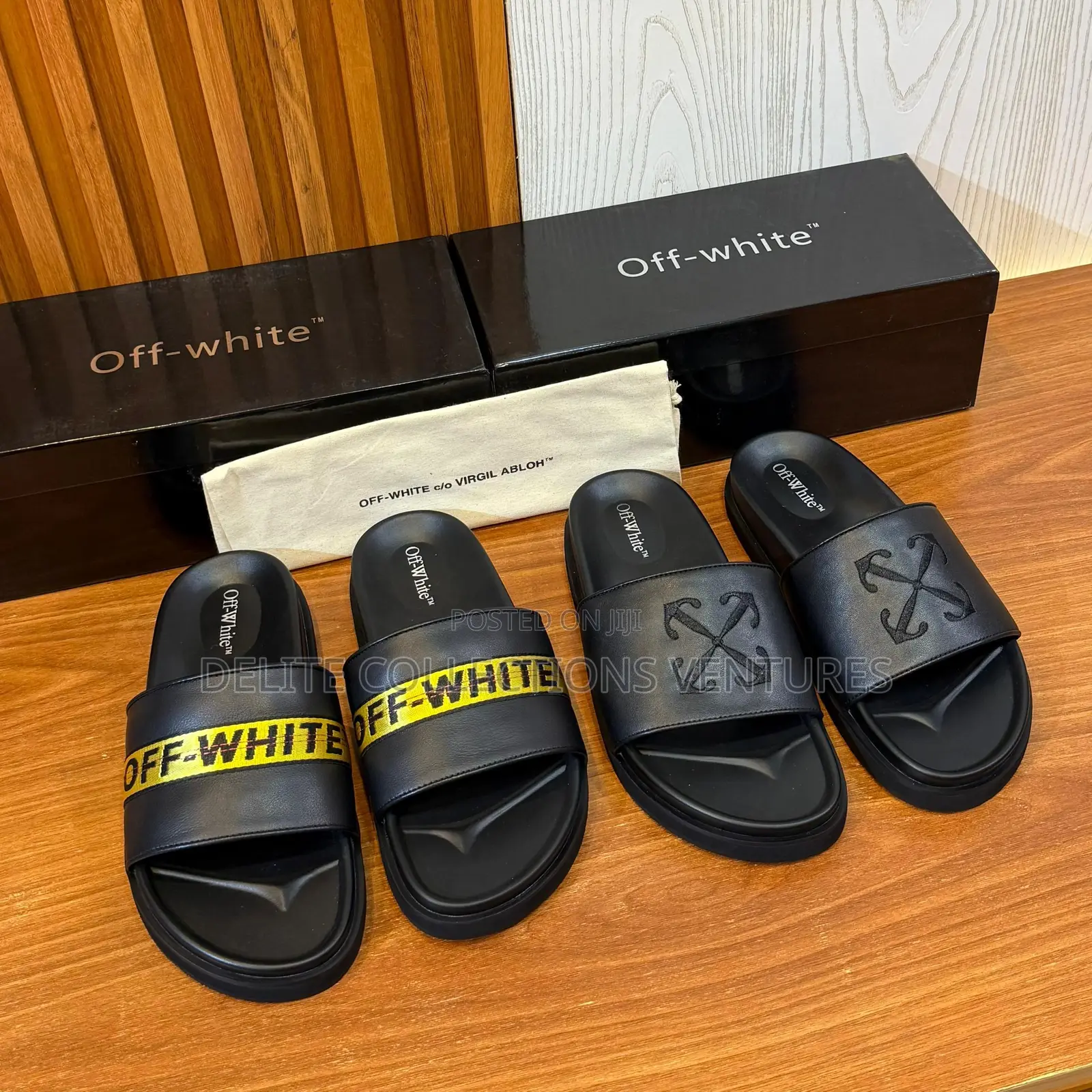 *Ss25 Off-White Arrow-Embroidered Leather Sliders in Black