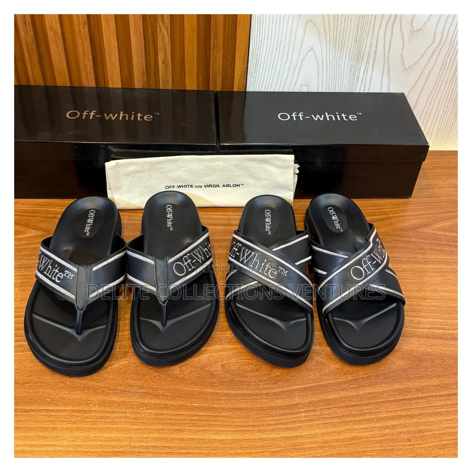 *Ss25 Off-White Arrow-Embroidered Leather Sliders in Black