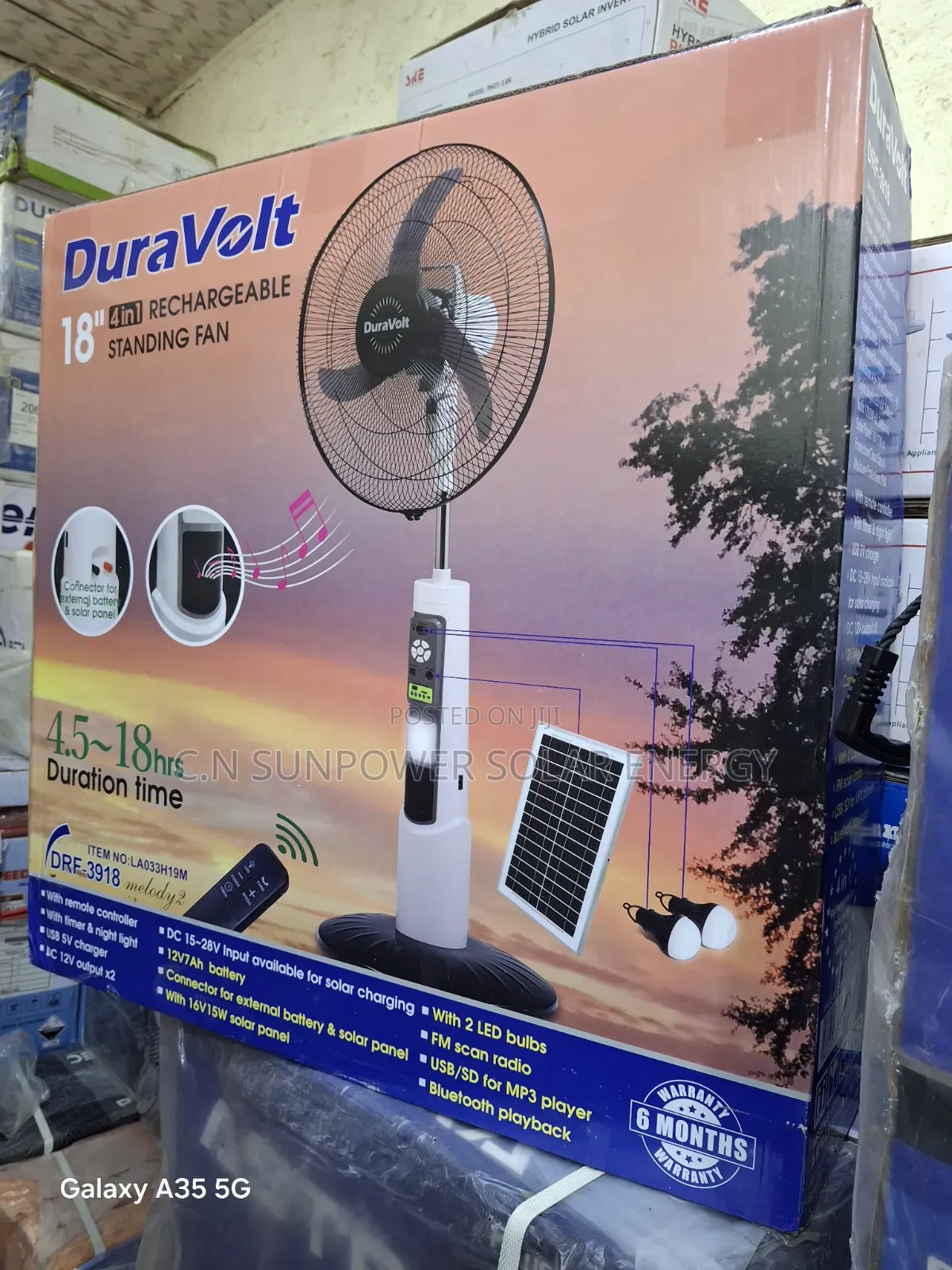 18" Duravolt 4 in 1 Rechargeable Solar Fan