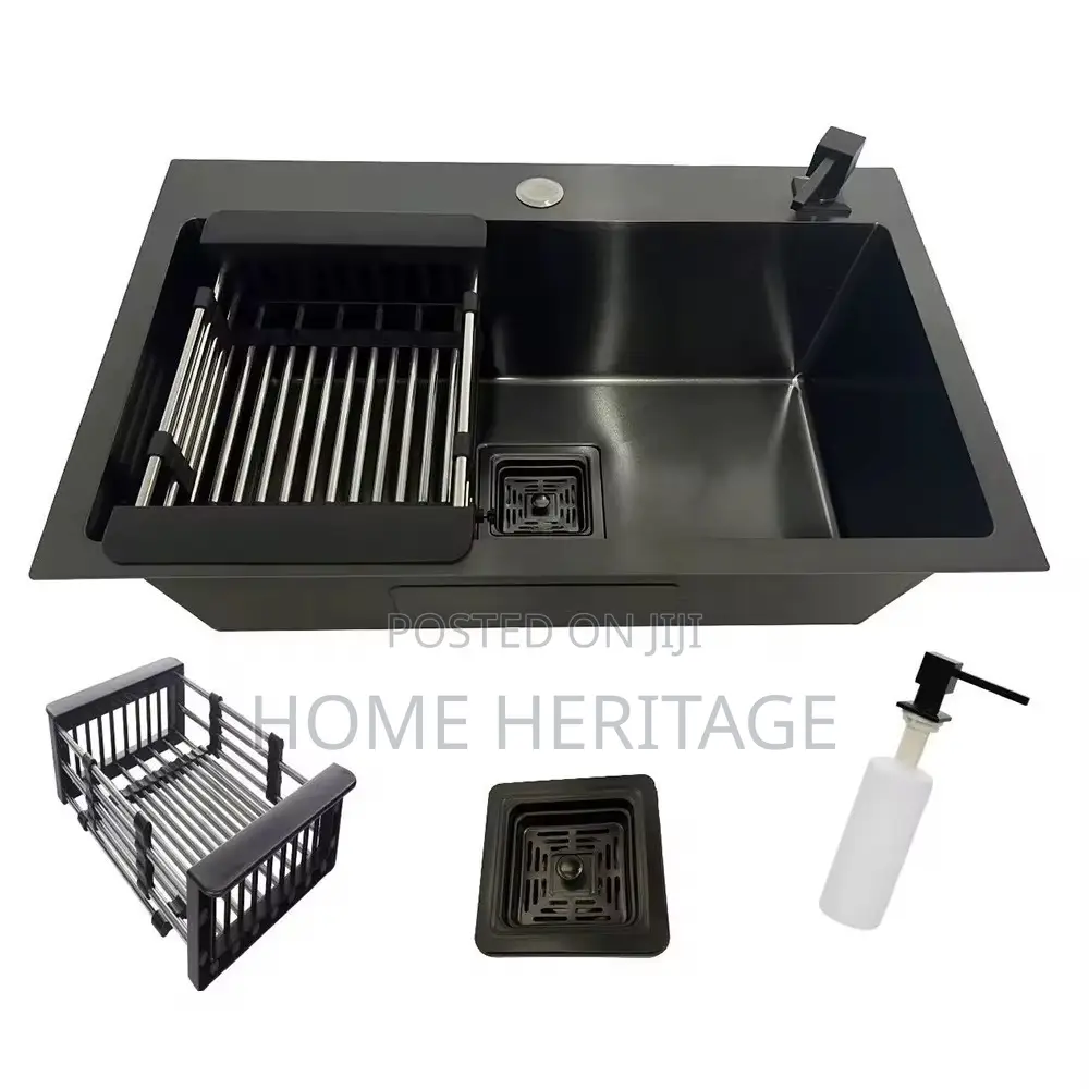 60x45 Black Kitchen Sink With Soap Dispenser/ Knife Rack