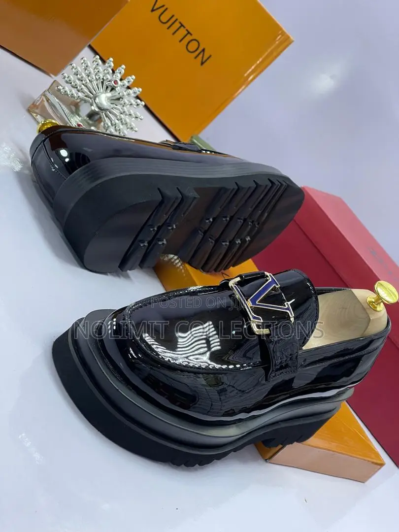 Black Louis Vuitton Glossy Leather Loafers With Black Platform Soles