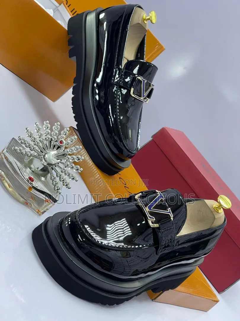 Black Louis Vuitton Glossy Leather Loafers With Black Platform Soles