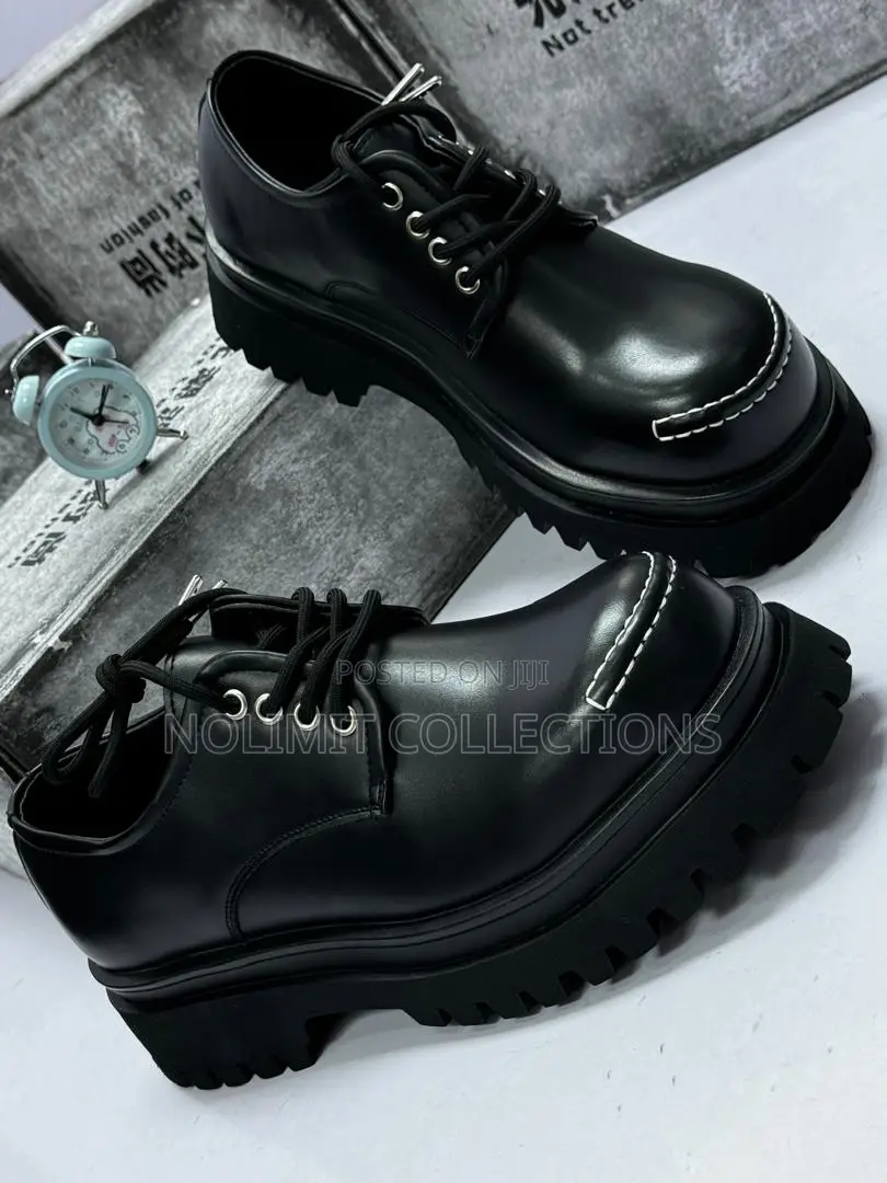 Black Leather Derby Shoe With Black Platform Soles