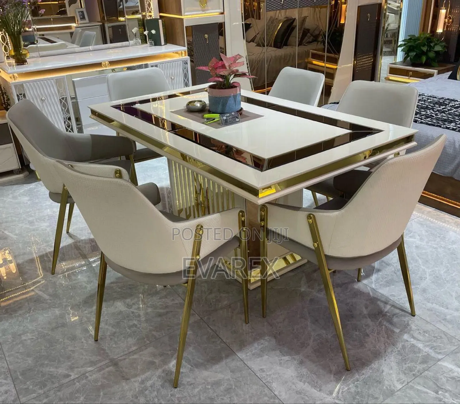 Luxury Dining Set of 6 Chairs, Milk/Gold