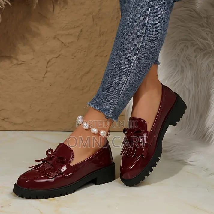 Premium Burgundy Patent Leather Bow Loafers – Deep Cherry Fringe