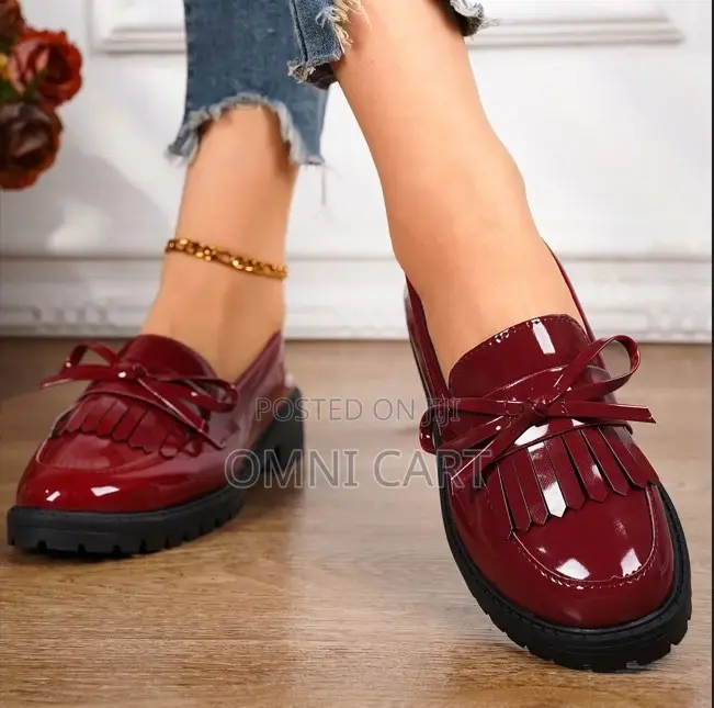 Premium Burgundy Patent Leather Bow Loafers – Deep Cherry Fringe