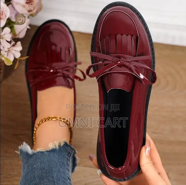Premium Burgundy Patent Leather Bow Loafers – Deep Cherry Fringe