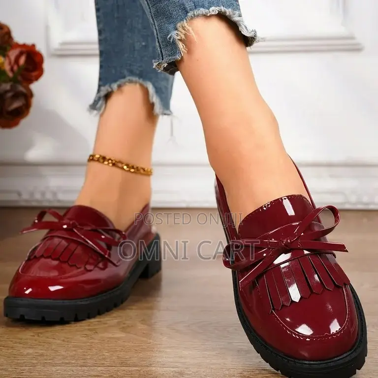 Premium Burgundy Patent Leather Bow Loafers – Deep Cherry Fringe