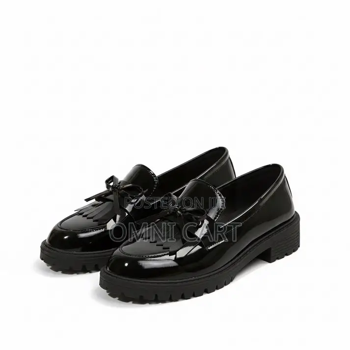 Premium Black Patent Leather Bow Loafers Deep Cherry Fringe