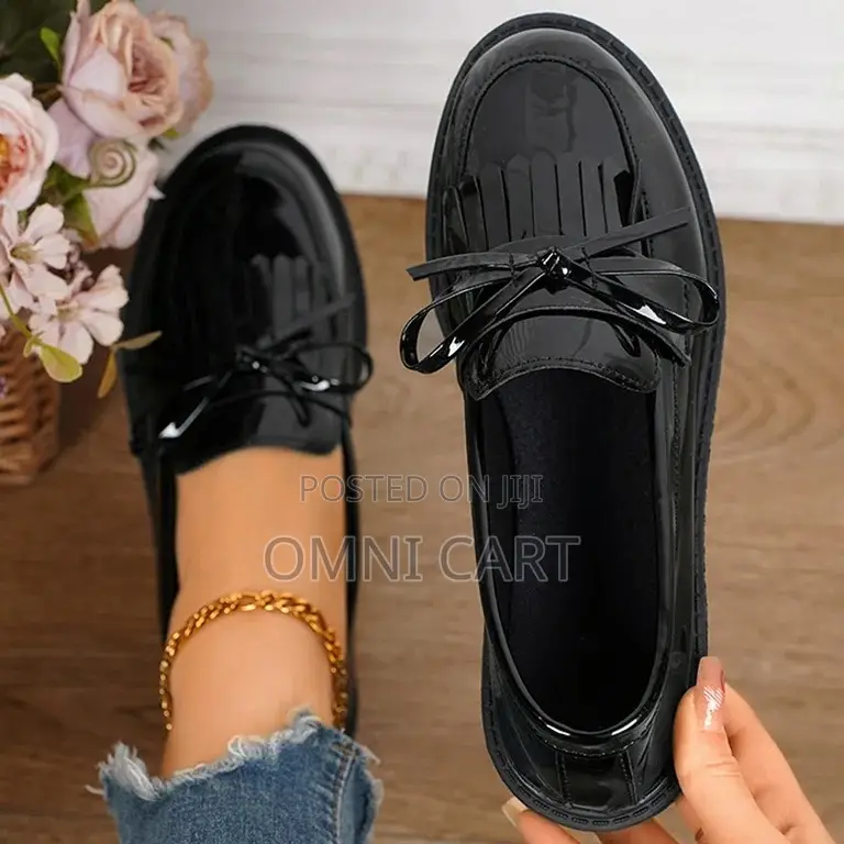 Premium Black Patent Leather Bow Loafers Deep Cherry Fringe